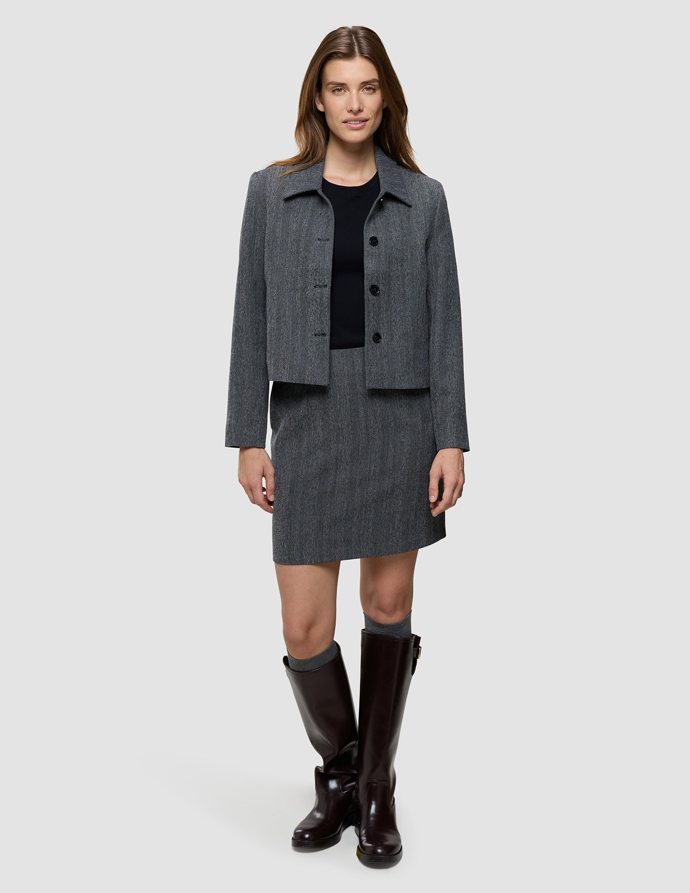 Serene Set Grey Herringbone Short Jacket Short Skirt